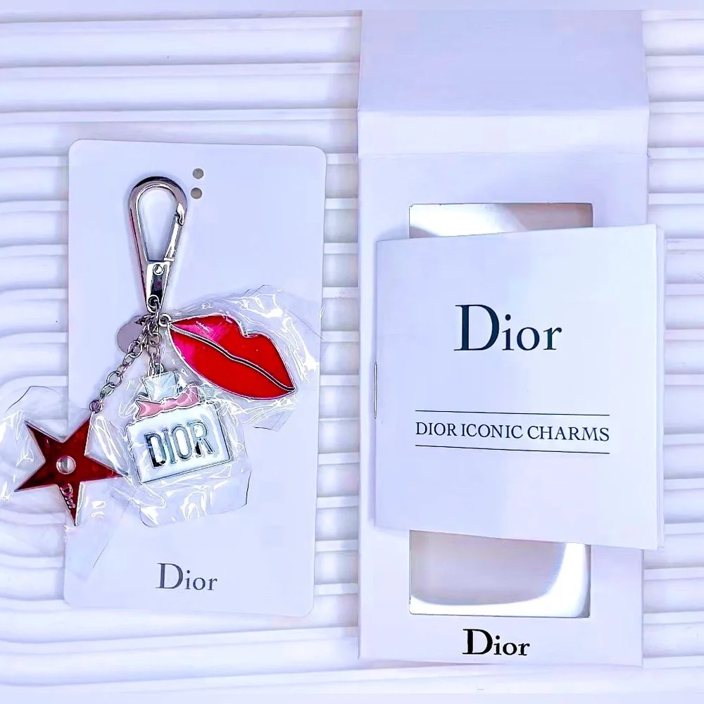 Dior Lipstick, Perfume & Star Charm Keychain – Silver-Tone Accessory